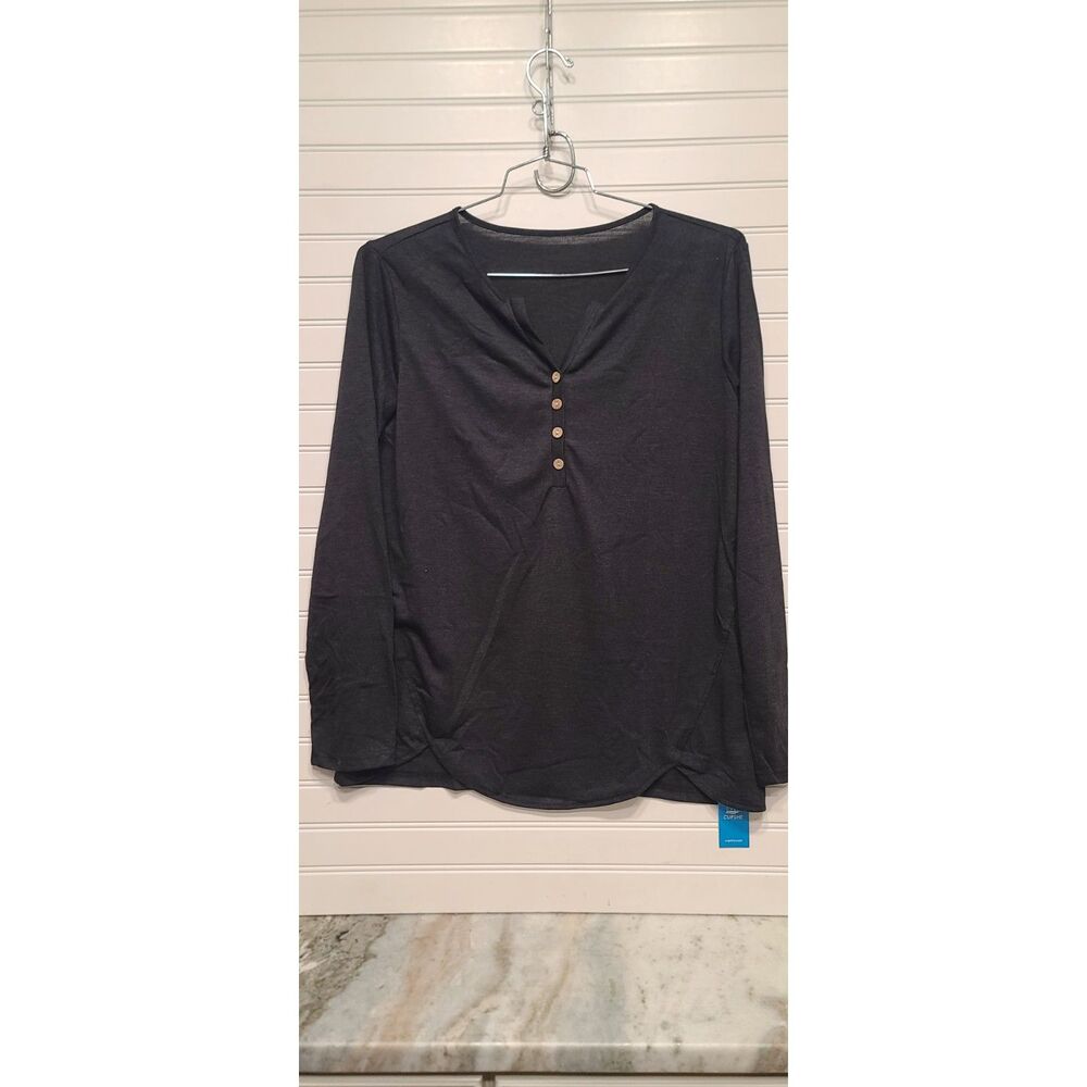 Cupshe Black Long Sleeve Henley Tee Size L NWT